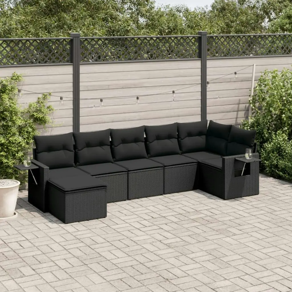 7 Piece Garden Sofa Set with Cushions Black Poly Rattan 3252812