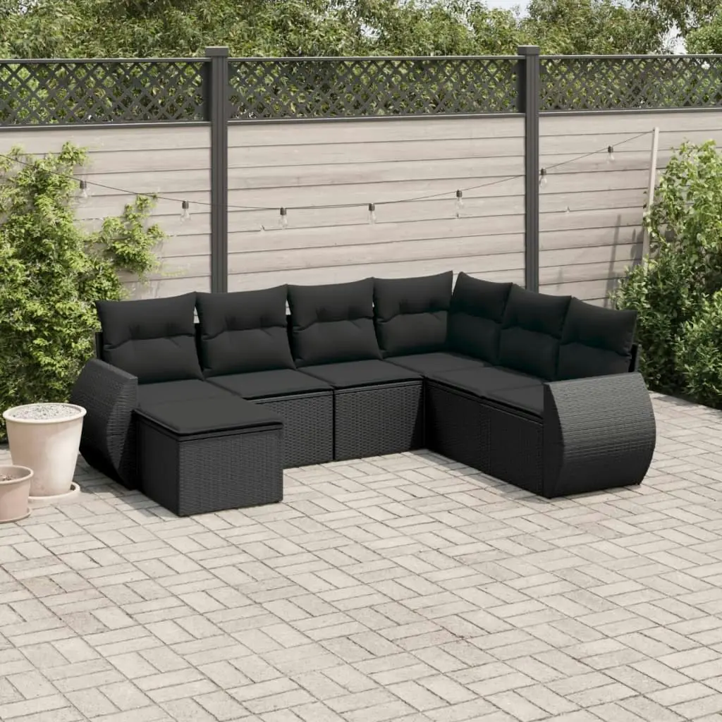 7 Piece Garden Sofa Set with Cushions Black Poly Rattan 3254032