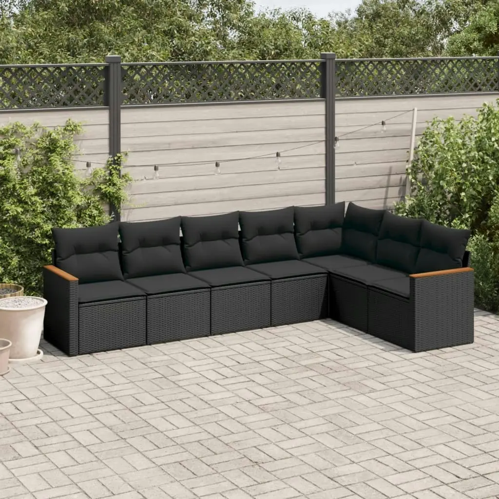 7 Piece Garden Sofa Set with Cushions Black Poly Rattan 3258429