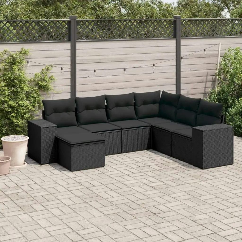 7 Piece Garden Sofa Set with Cushions Black Poly Rattan 3255232