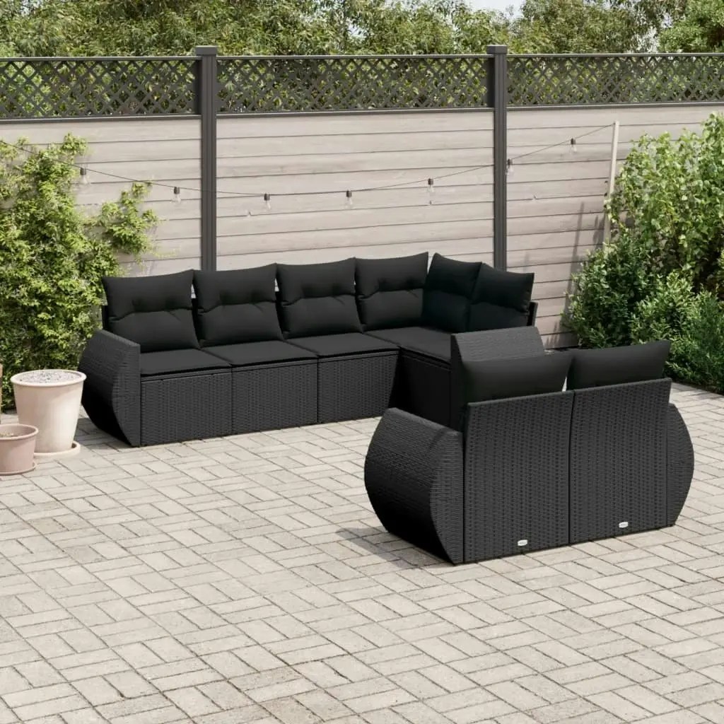 7 Piece Garden Sofa Set with Cushions Black Poly Rattan 3253942