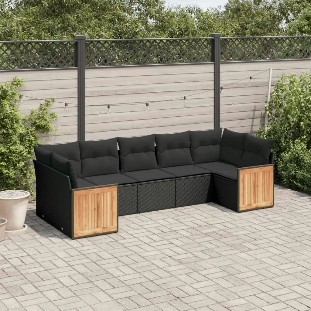 7 Piece Garden Sofa Set with Cushions Black Poly Rattan 3260347