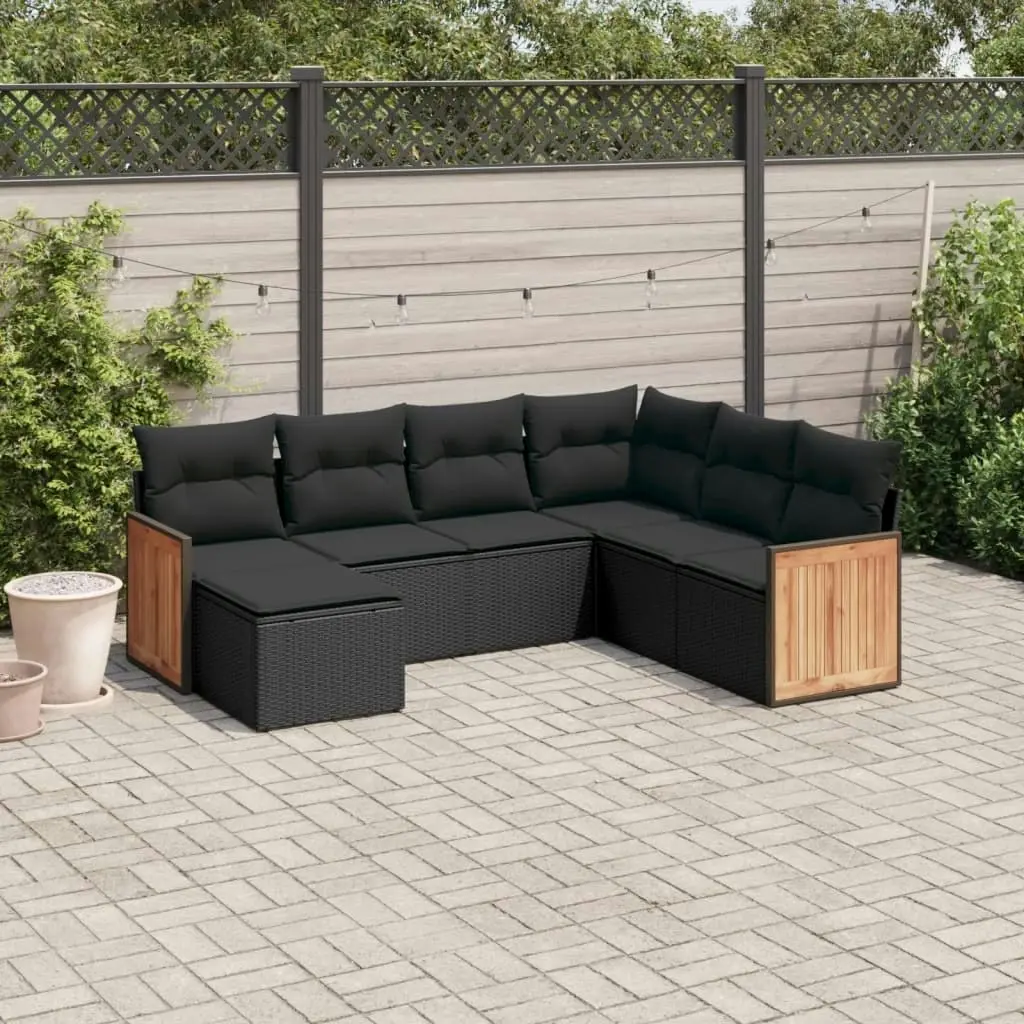 7 Piece Garden Sofa Set with Cushions Black Poly Rattan 3260284