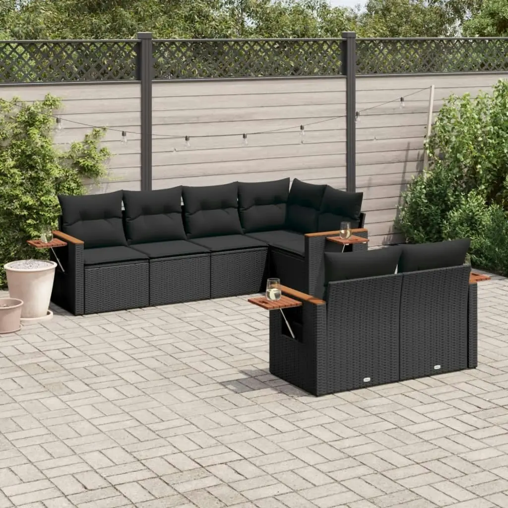 7 Piece Garden Sofa Set with Cushions Black Poly Rattan 3226979