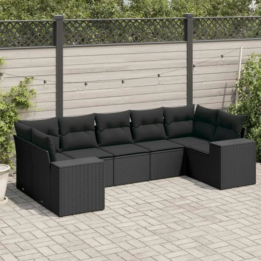 7 Piece Garden Sofa Set with Cushions Black Poly Rattan 3222984