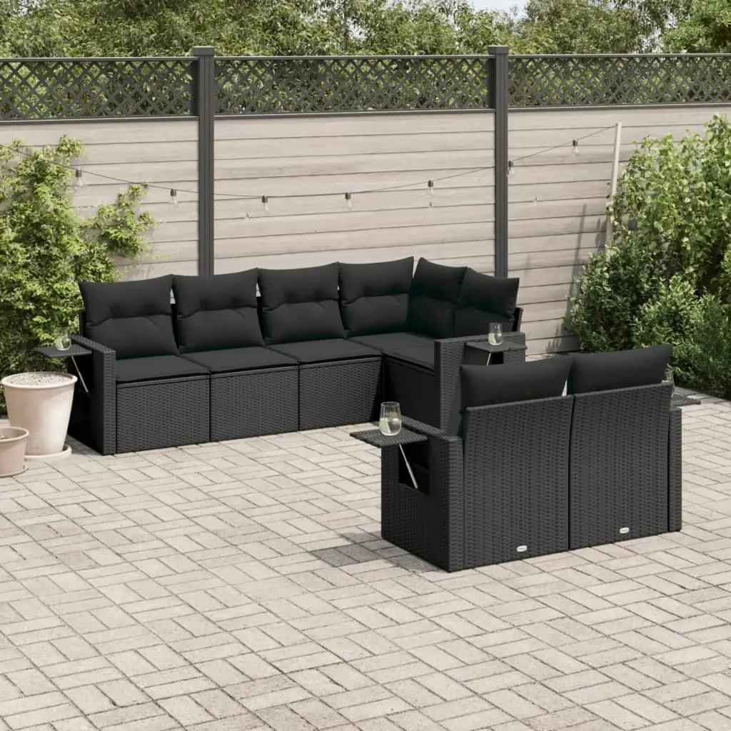 7 Piece Garden Sofa Set with Cushions Black Poly Rattan 3220404