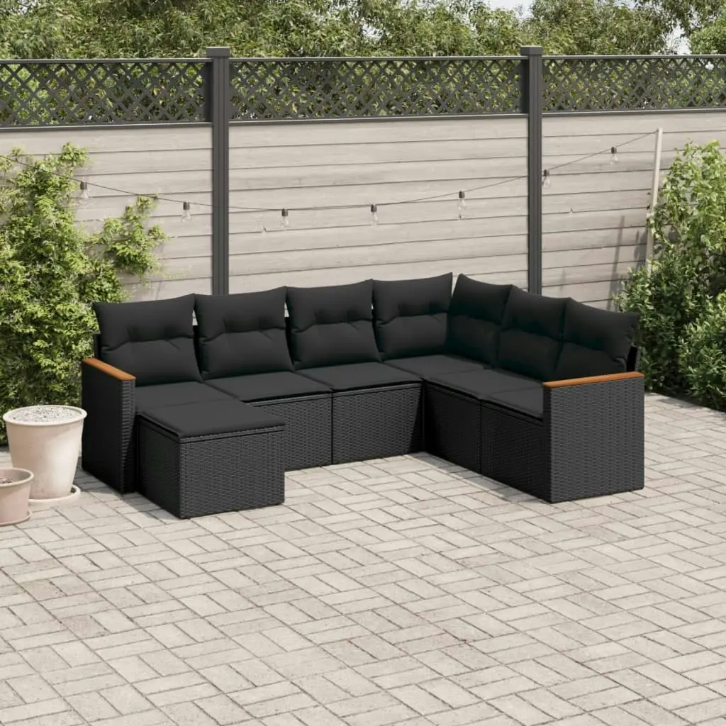 7 Piece Garden Sofa Set with Cushions Black Poly Rattan 3258604