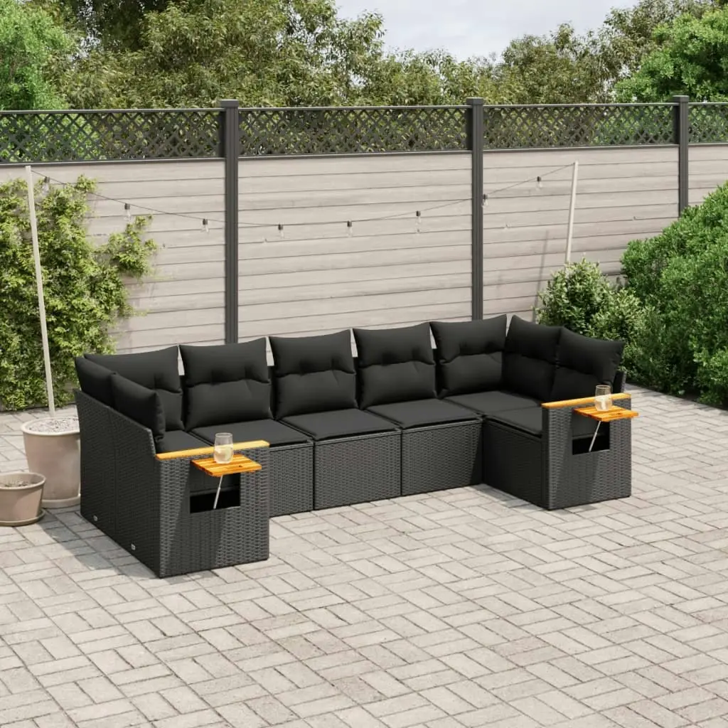 7 Piece Garden Sofa Set with Cushions Black Poly Rattan 3227105