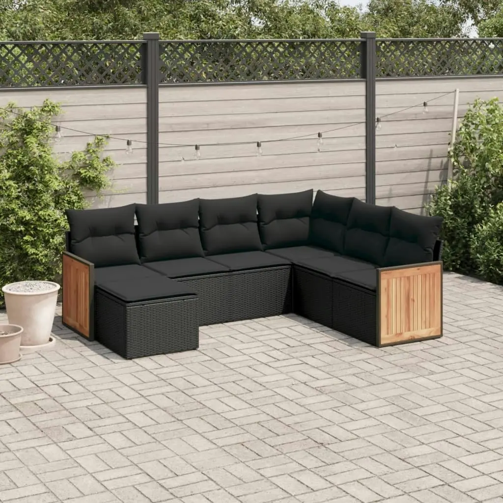 7 Piece Garden Sofa Set with Cushions Black Poly Rattan 3227882