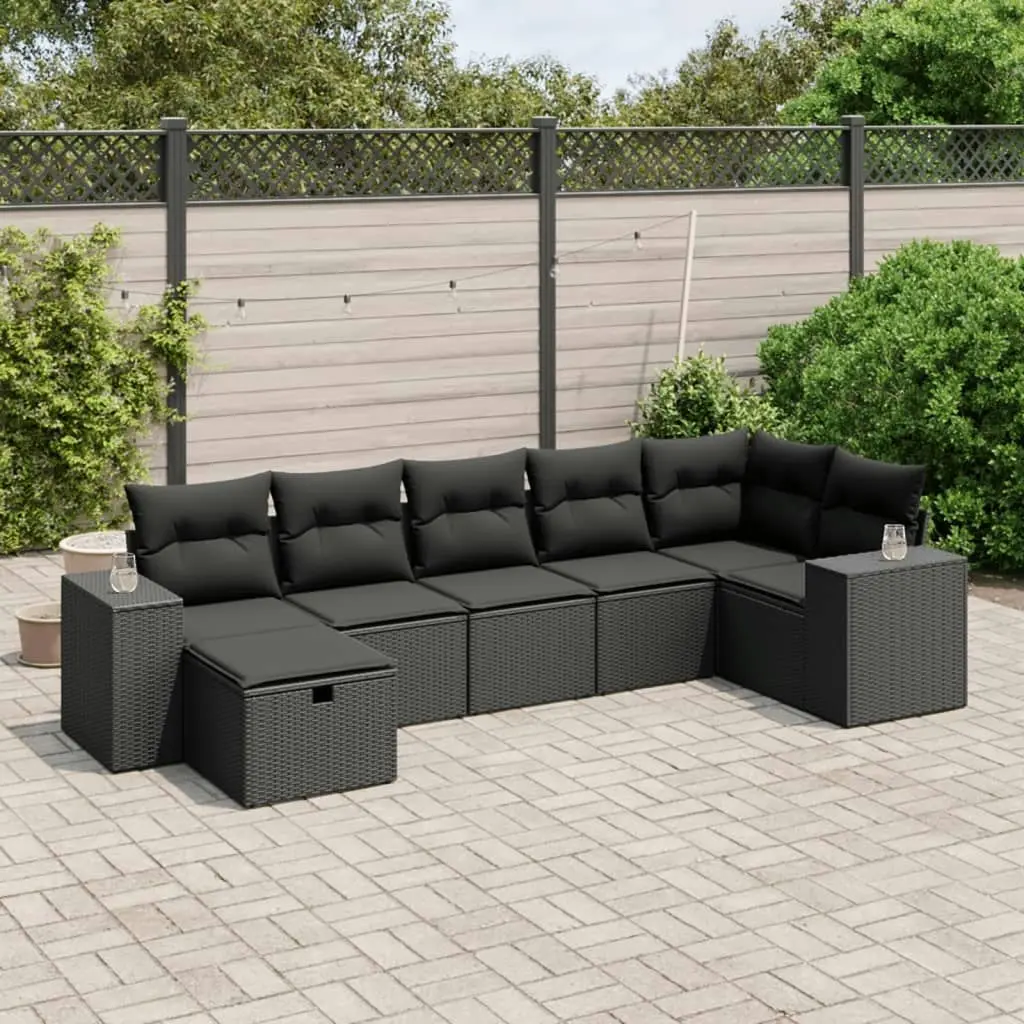 7 Piece Garden Sofa Set with Cushions Black Poly Rattan 3264451