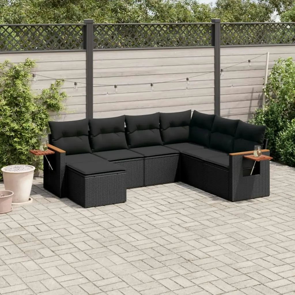 7 Piece Garden Sofa Set with Cushions Black Poly Rattan 3227042