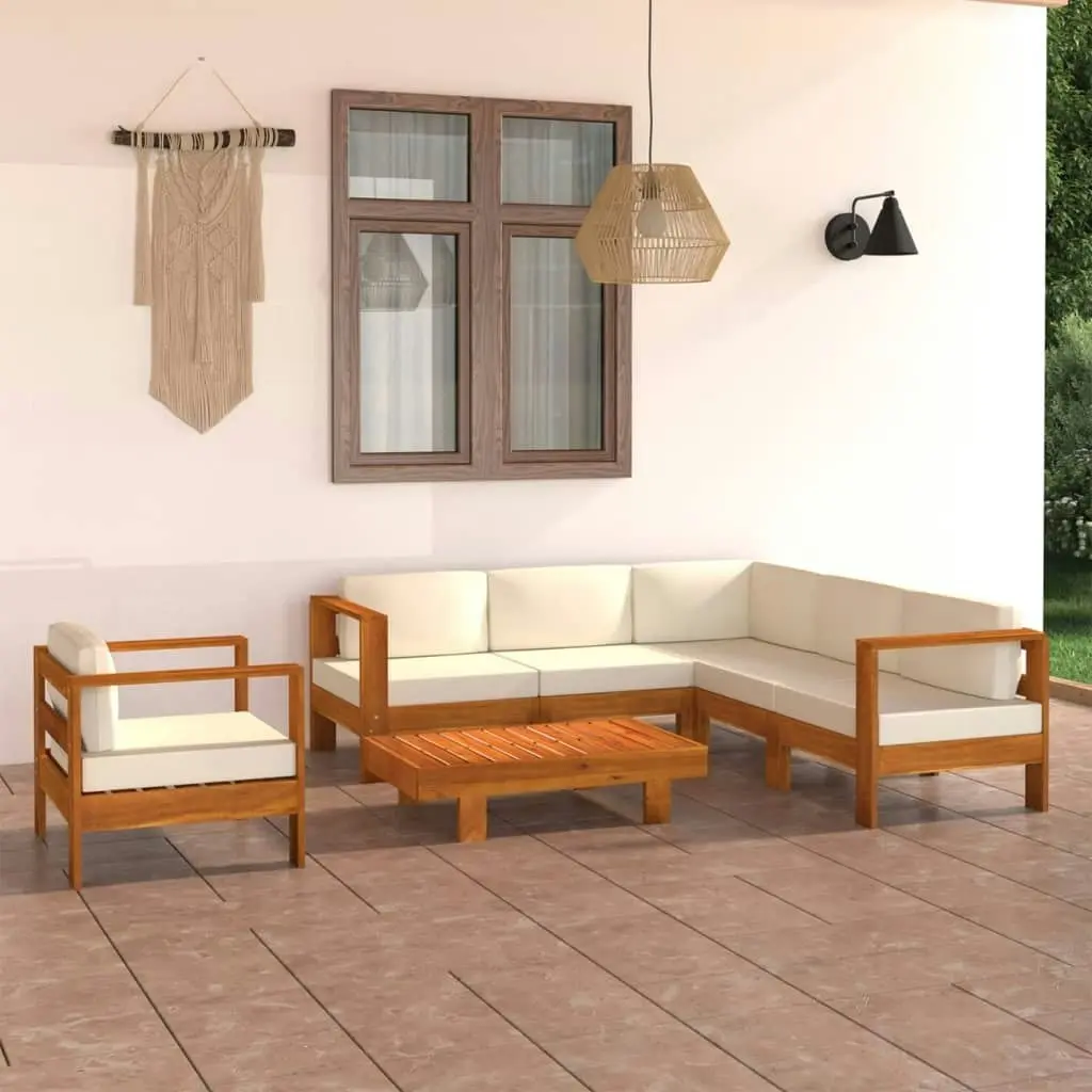 7 Piece Garden Lounge Set with Cream White Cushions Acacia Wood 3057936