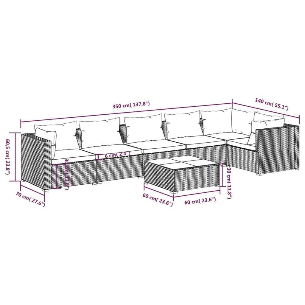 7 Piece Garden Lounge Set with Cushions Poly Rattan Grey 3101726