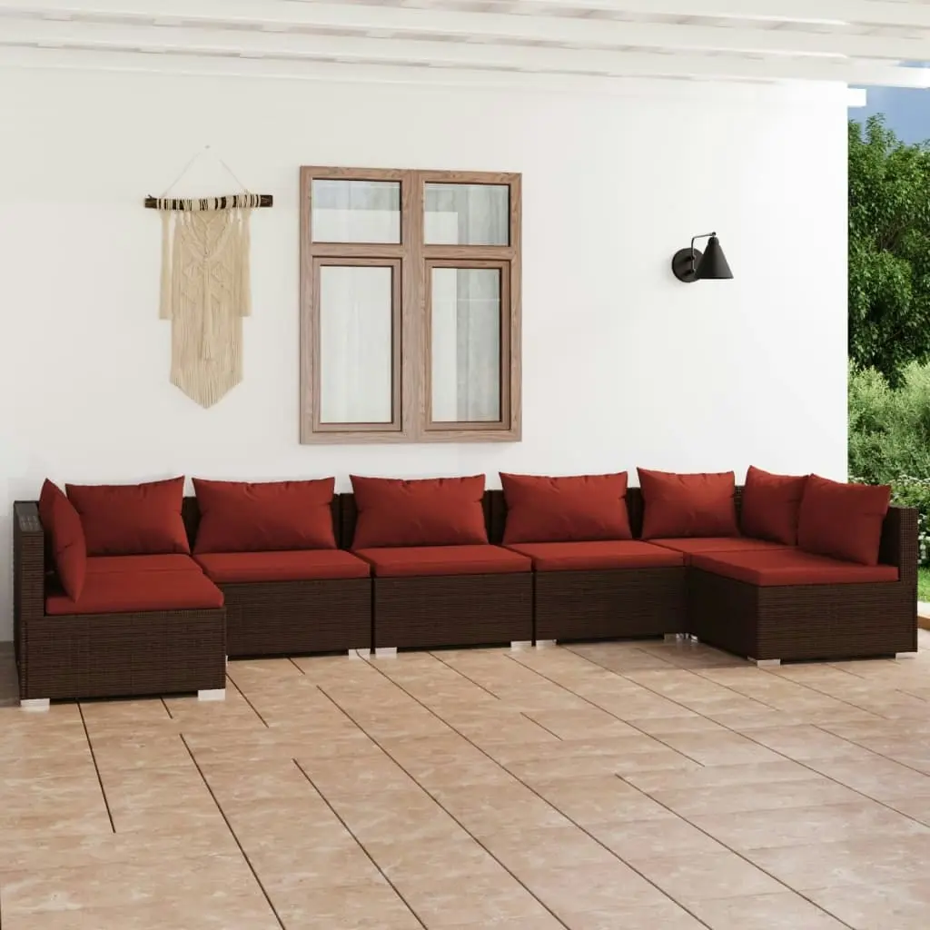 7 Piece Garden Lounge Set with Cushions Poly Rattan Brown 3101891