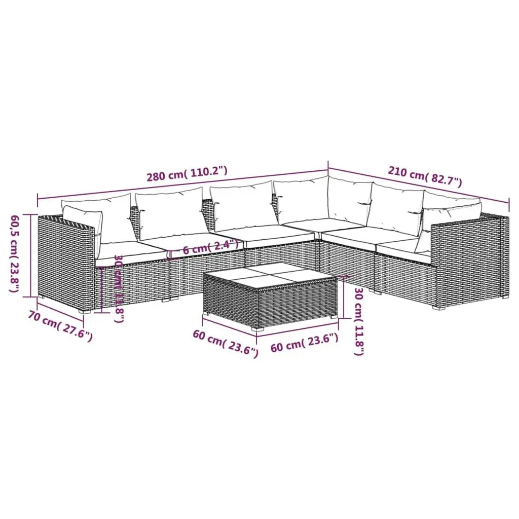 7 Piece Garden Lounge Set with Cushions Poly Rattan Grey 3101734