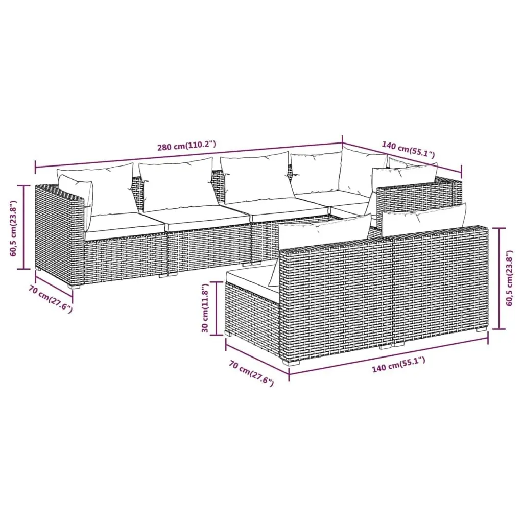 7 Piece Garden Lounge Set with Cushions Grey Poly Rattan 3102389