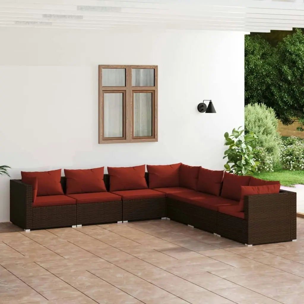 7 Piece Garden Lounge Set with Cushions Poly Rattan Brown 3101747