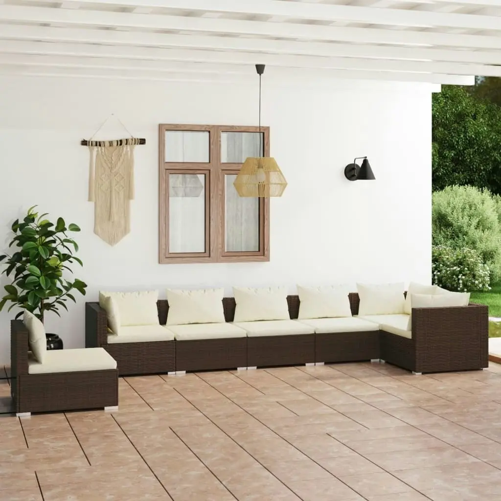 7 Piece Garden Lounge Set with Cushions Poly Rattan Brown 3102338