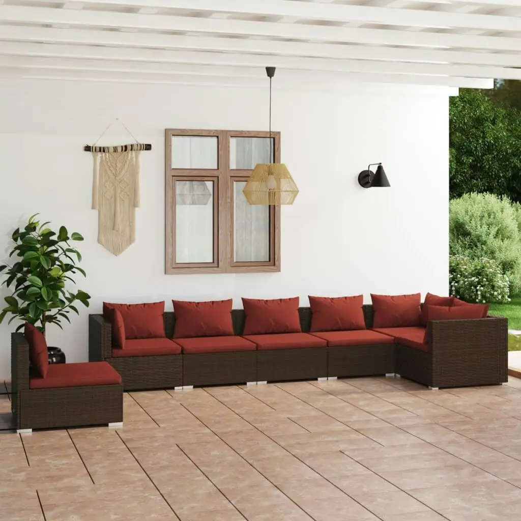 7 Piece Garden Lounge Set with Cushions Poly Rattan Brown 3102339