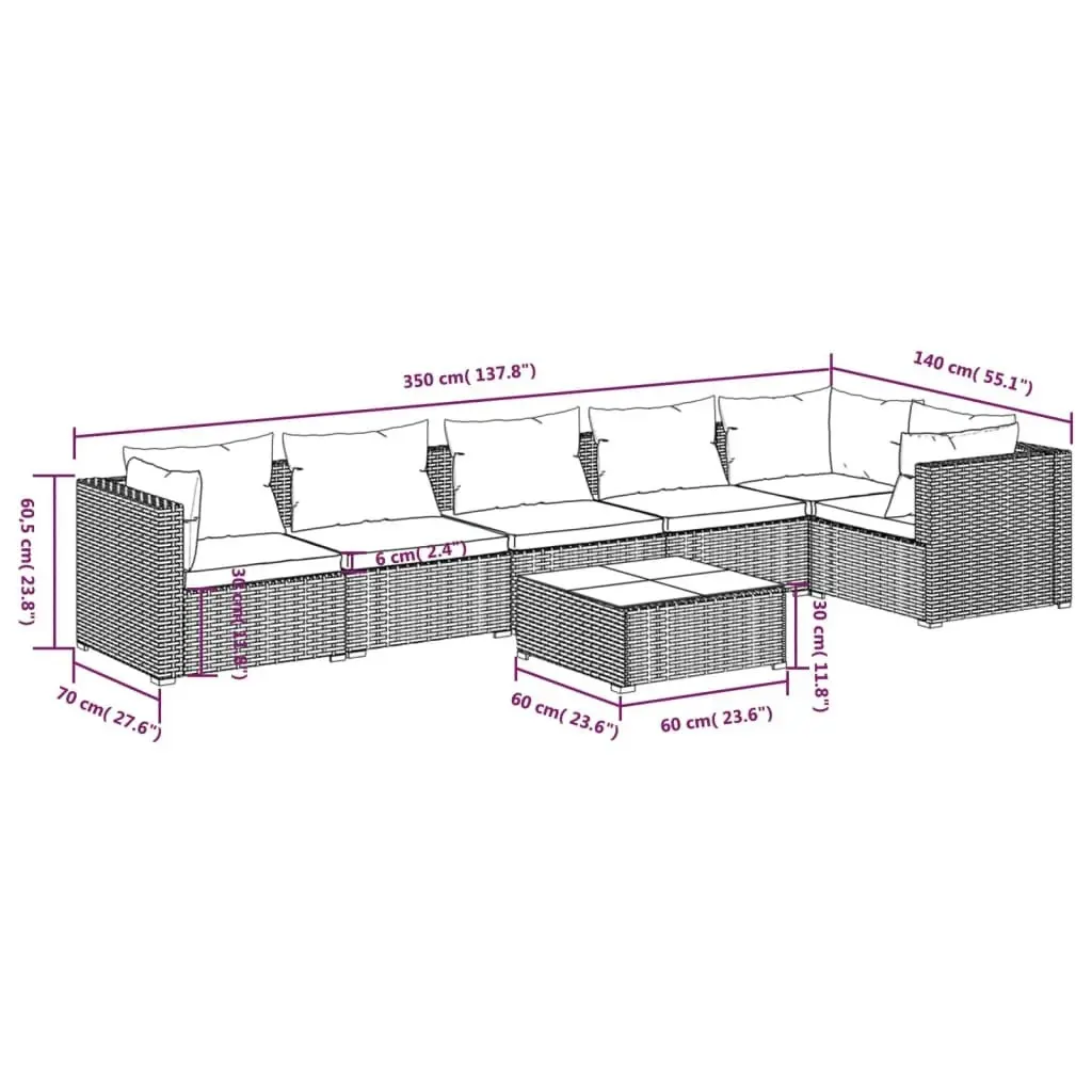 7 Piece Garden Lounge Set with Cushions Poly Rattan Grey 3101725