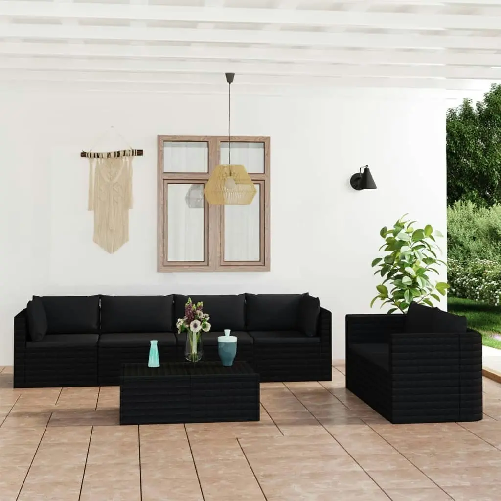 7 Piece Garden Lounge Set with Cushions Poly Rattan Black 3059501