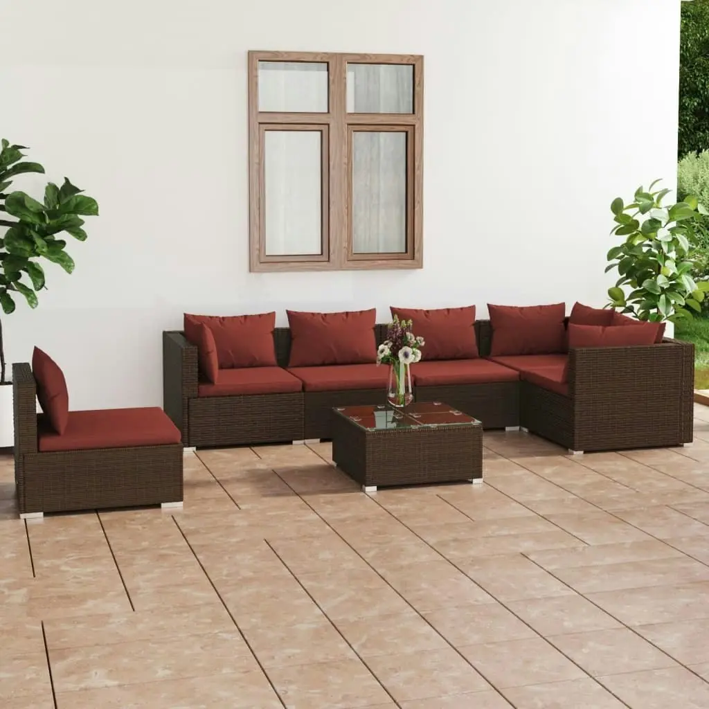 7 Piece Garden Lounge Set with Cushions Poly Rattan Brown 3102331