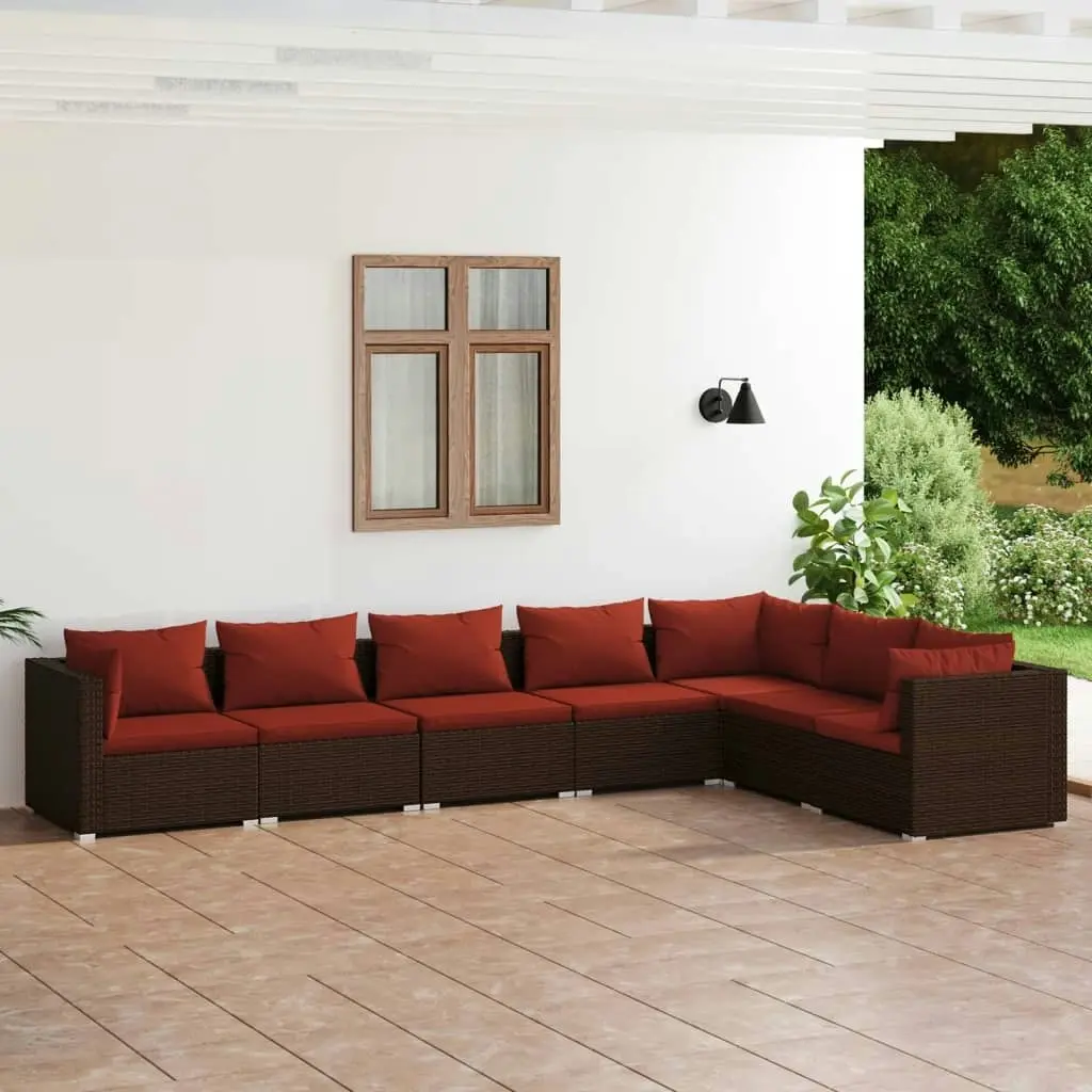 7 Piece Garden Lounge Set with Cushions Poly Rattan Brown 3101739