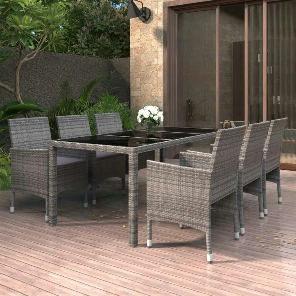 7 Piece Garden Dining Set Poly Rattan and Tempered Glass Grey 3058439