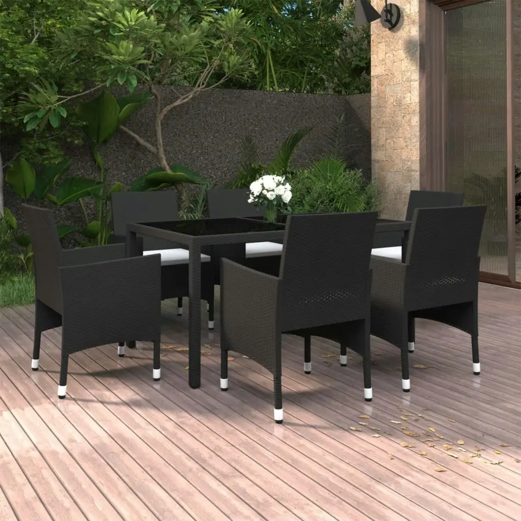 7 Piece Garden Dining Set Poly Rattan and Tempered Glass Black 3058428