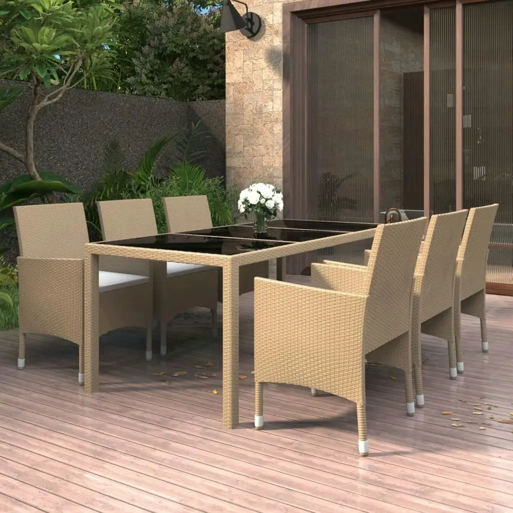 7 Piece Garden Dining Set Poly Rattan and Tempered Glass Beige 3058440