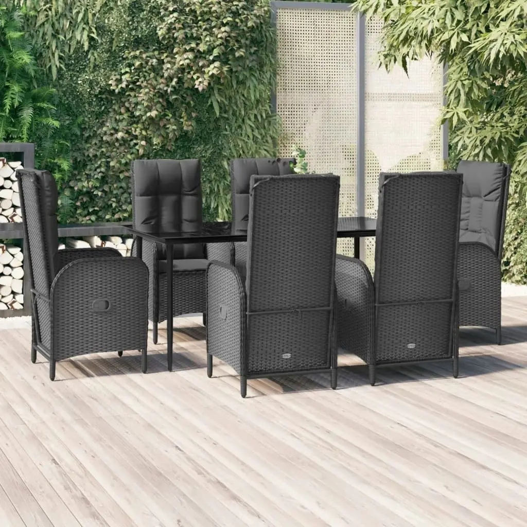 7 Piece Garden Dining Set with Cushions Black Poly Rattan 3185172