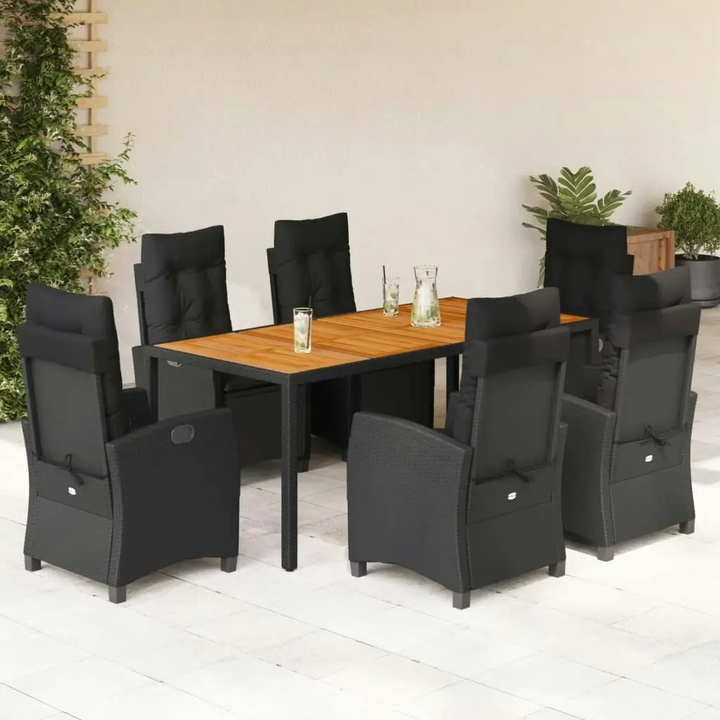 7 Piece Garden Dining Set with Cushions Black Poly Rattan 3212668