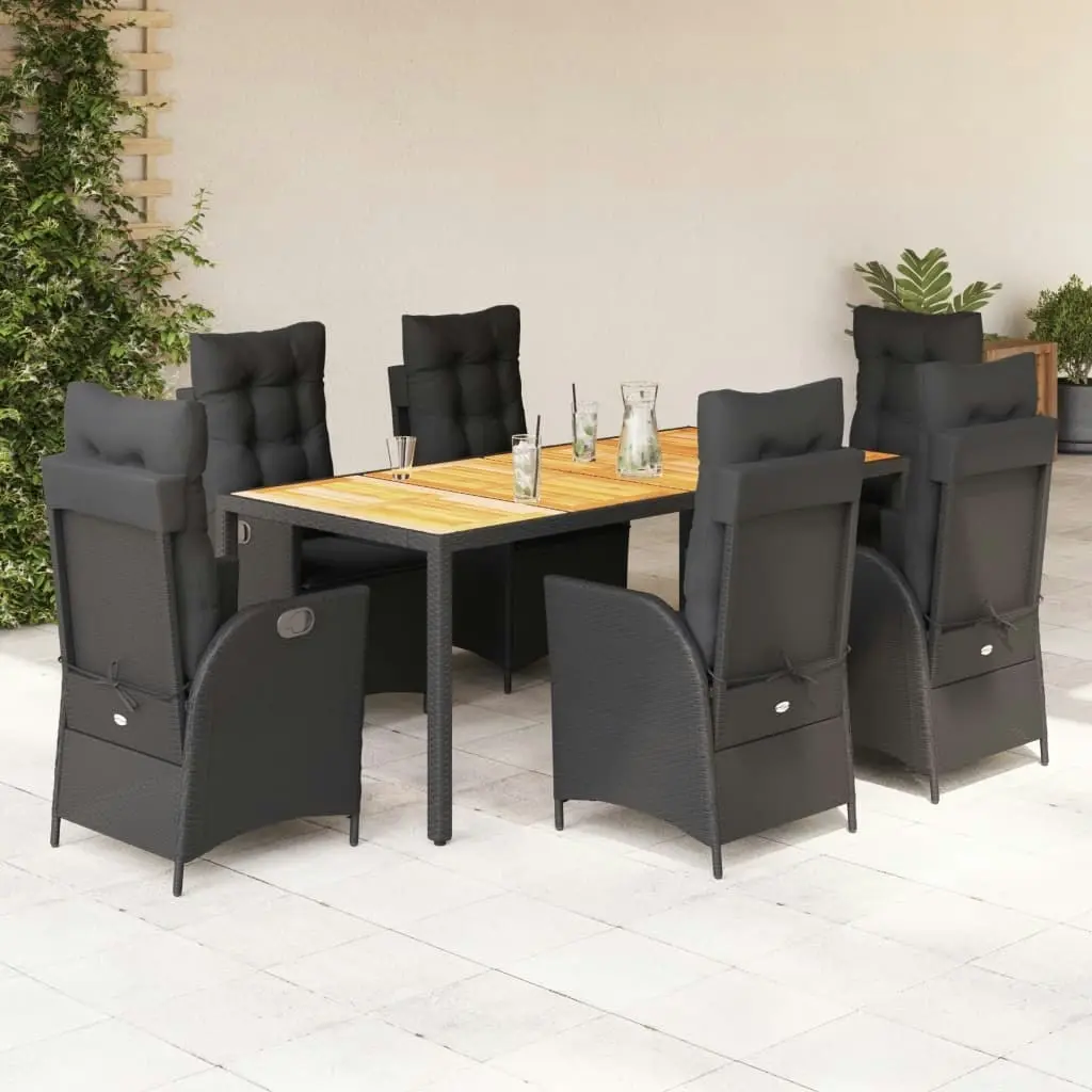 7 Piece Garden Dining Set with Cushions Black Poly Rattan 3213100