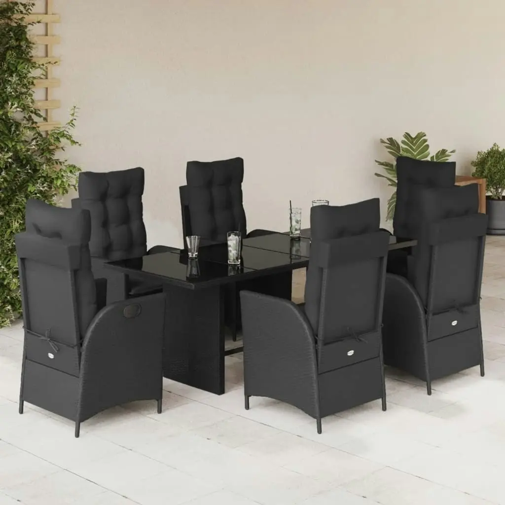 7 Piece Garden Dining Set with Cushions Black Poly Rattan 3213115