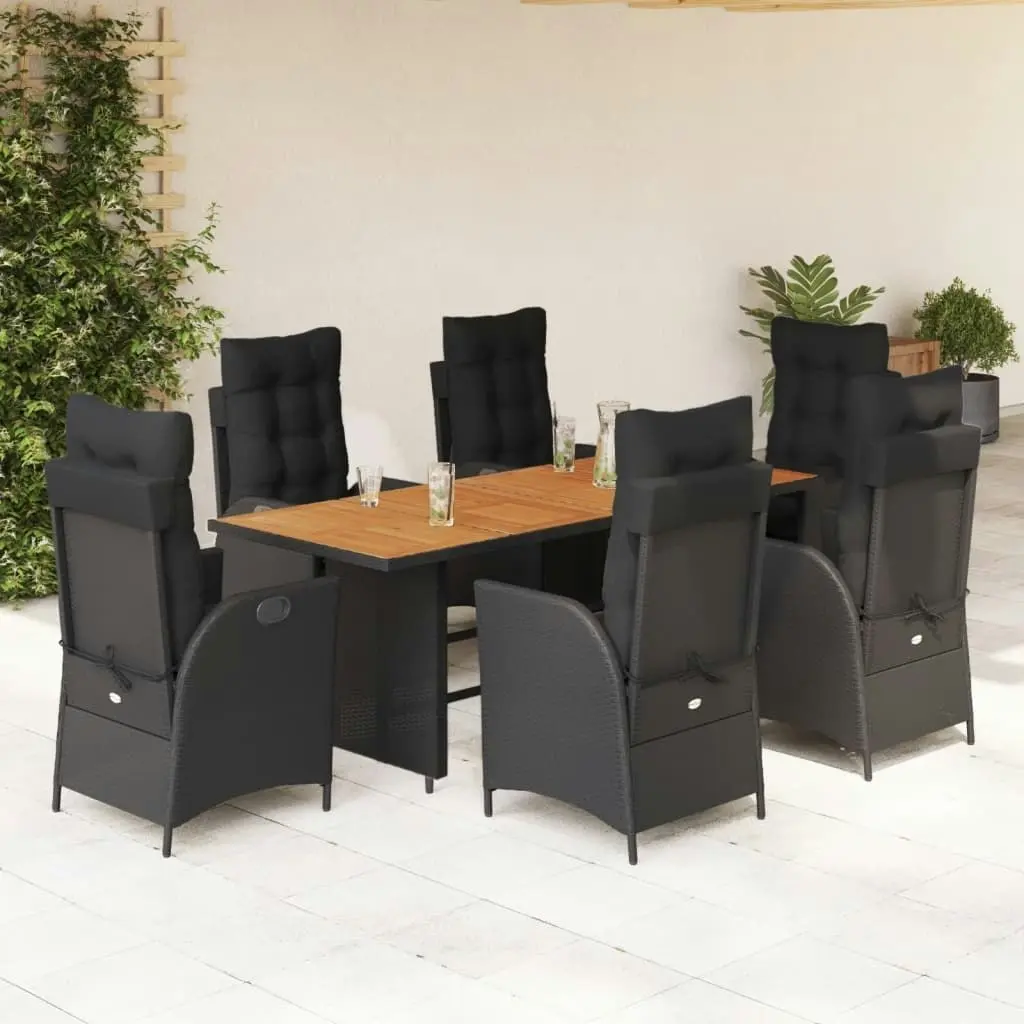 7 Piece Garden Dining Set with Cushions Black Poly Rattan 3213139