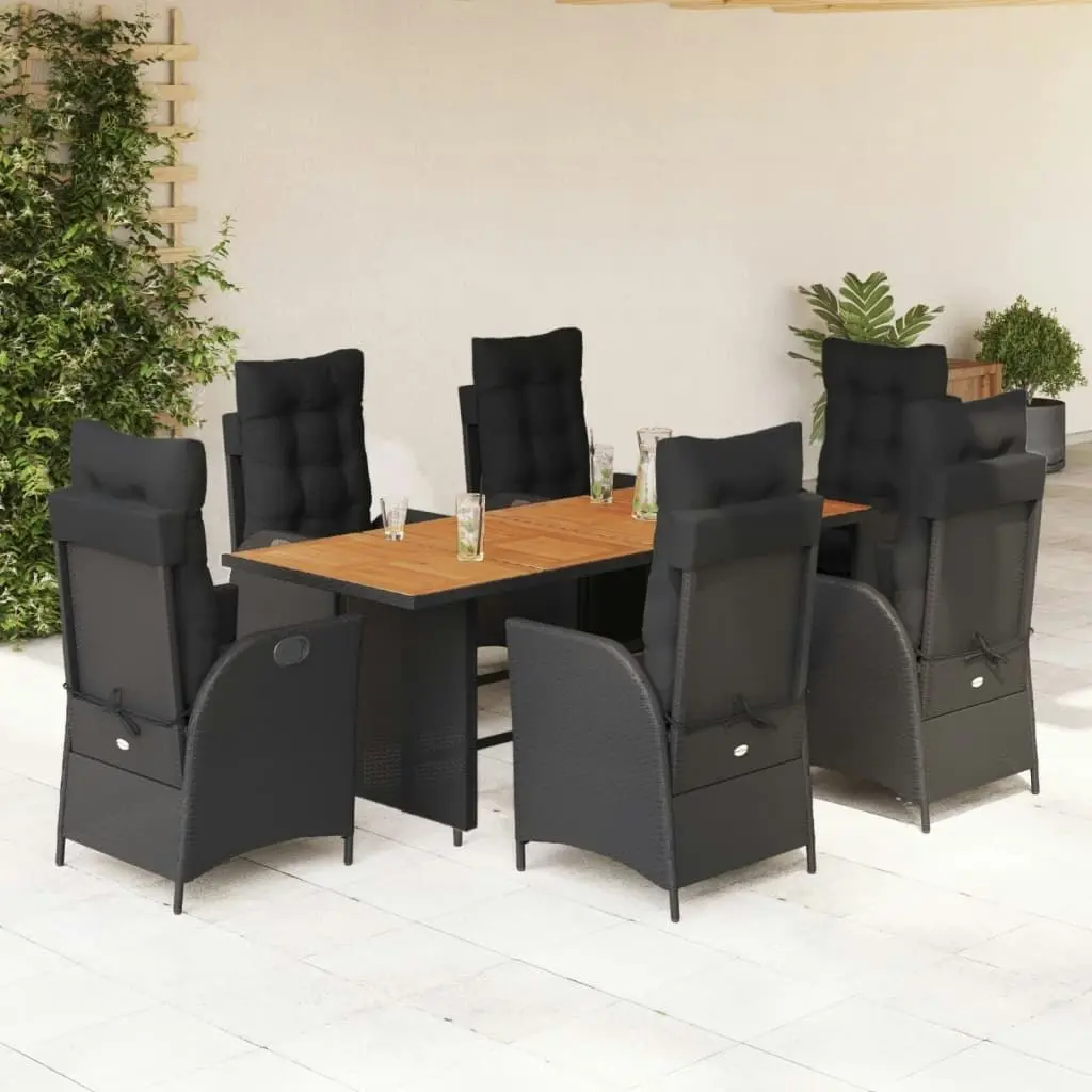 7 Piece Garden Dining Set with Cushions Black Poly Rattan 3213368