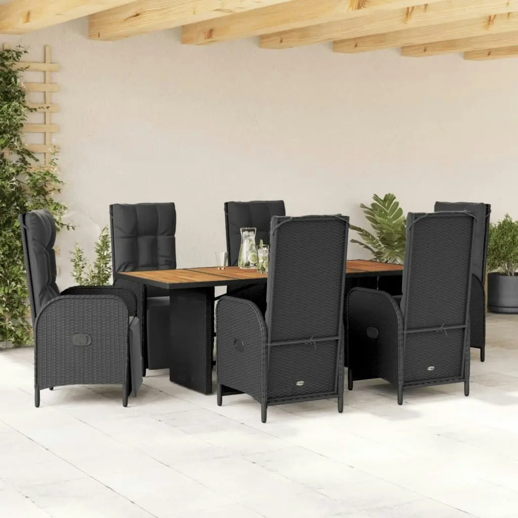 7 Piece Garden Dining Set with Cushions Black Poly Rattan 3213520