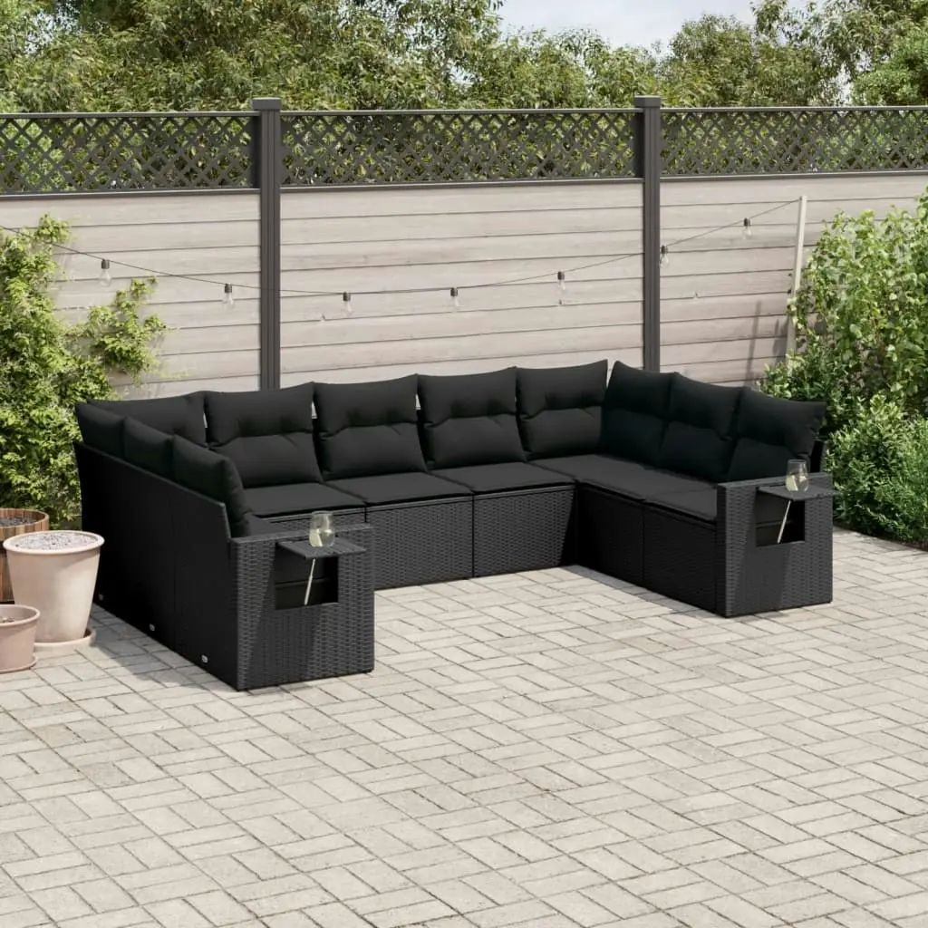 9 Piece Garden Sofa Set with Cushions Black Poly Rattan 3252932