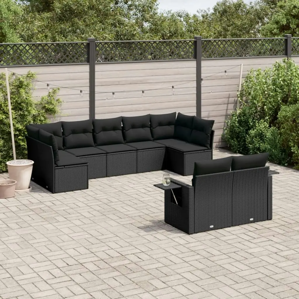 9 Piece Garden Sofa Set with Cushions Black Poly Rattan 3252952