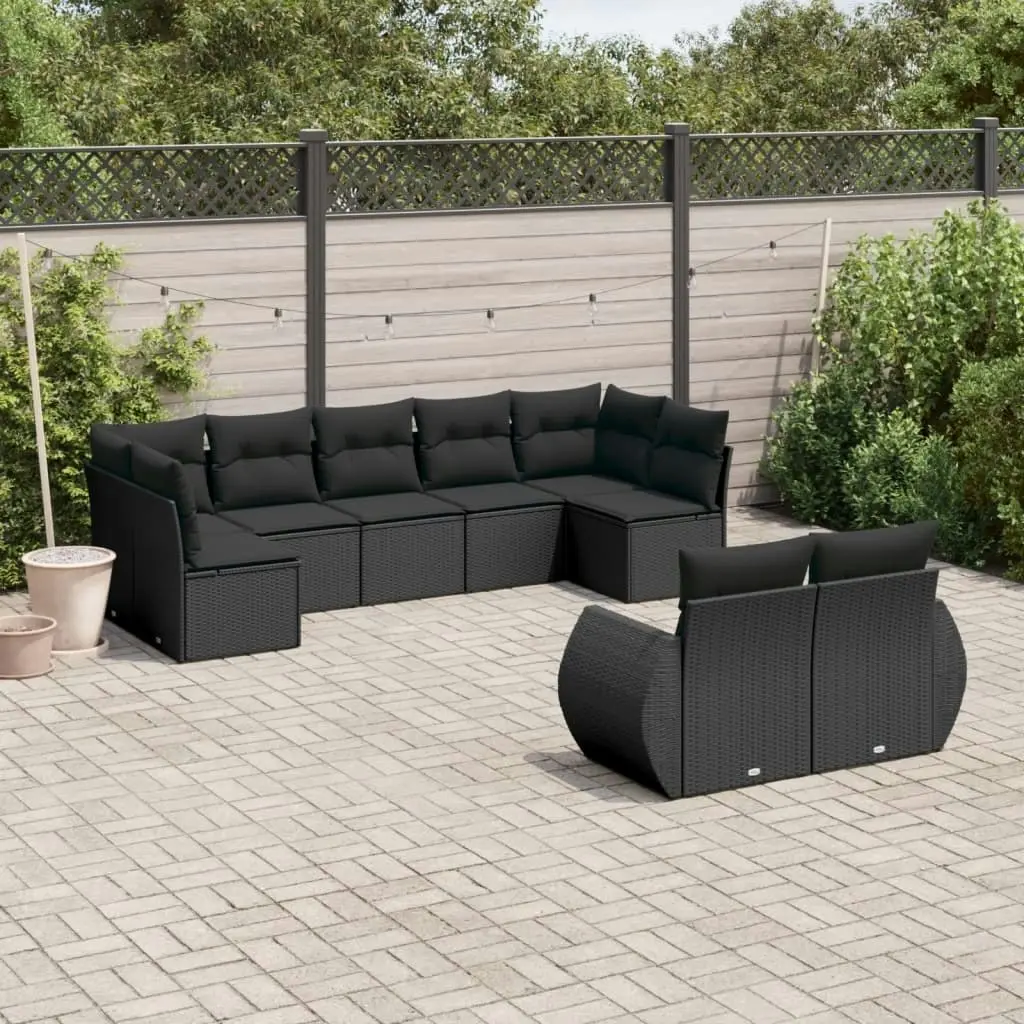 9 Piece Garden Sofa Set with Cushions Black Poly Rattan 3254152