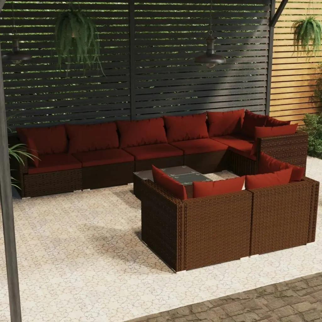 9 Piece Garden Lounge Set with Cushions Brown Poly Rattan 3102491