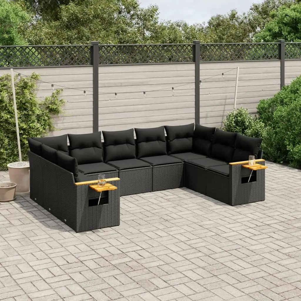 9 Piece Garden Sofa Set with Cushions Black Poly Rattan 3259514