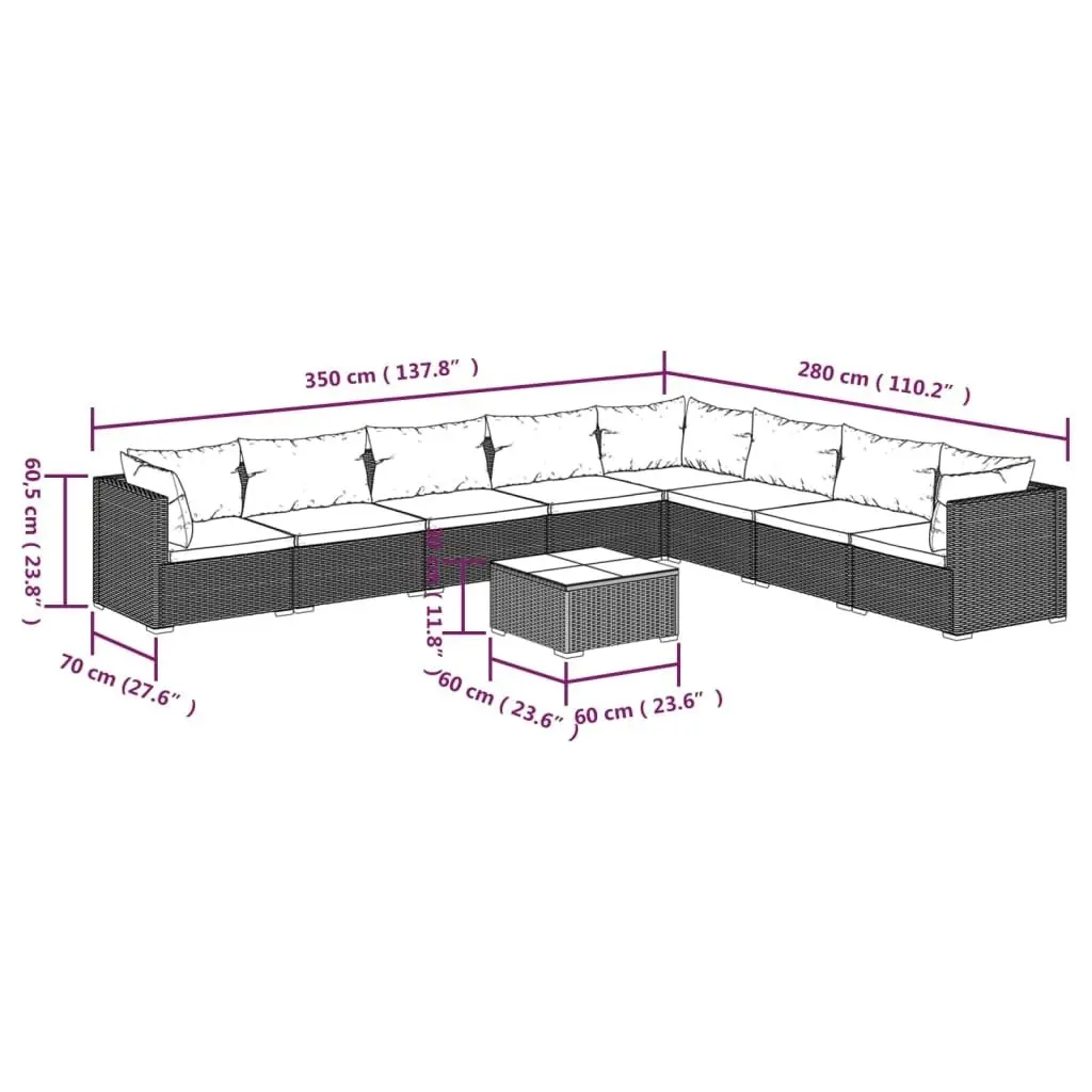 9 Piece Garden Lounge Set with Cushions Poly Rattan Brown 3101778