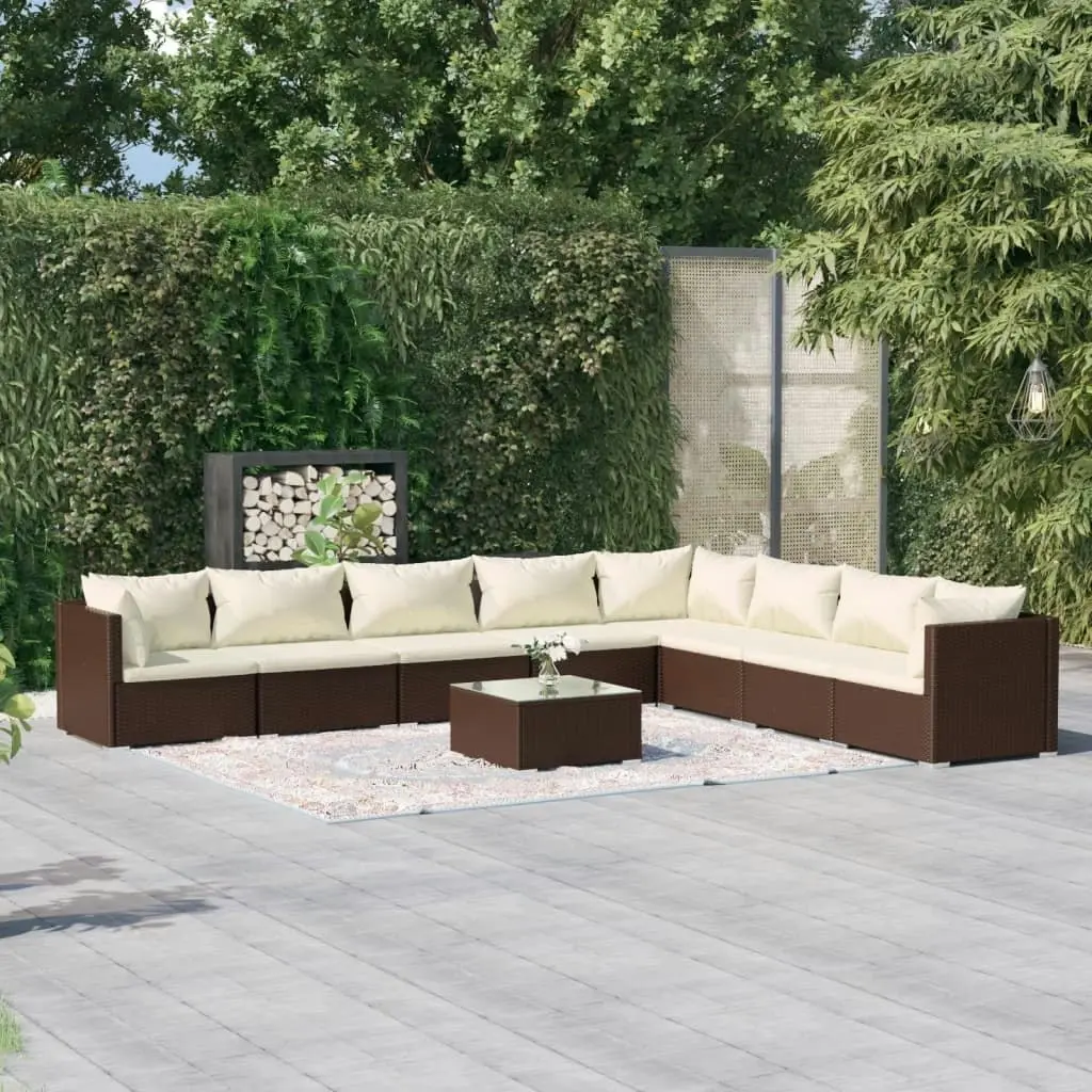 9 Piece Garden Lounge Set with Cushions Poly Rattan Brown 3101778