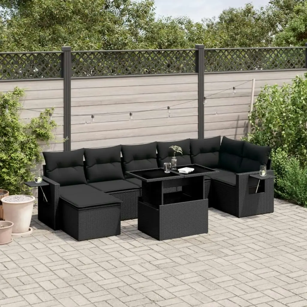 8 Piece Garden Sofa Set with Cushions Black Poly Rattan 3268055