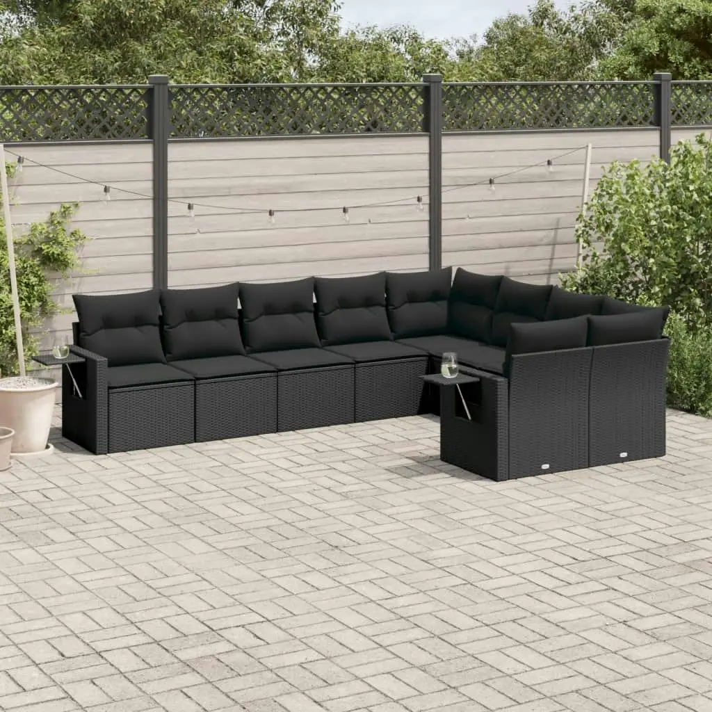 9 Piece Garden Sofa Set with Cushions Black Poly Rattan 3252972