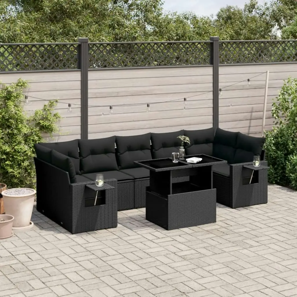 8 Piece Garden Sofa Set with Cushions Black Poly Rattan 3267775