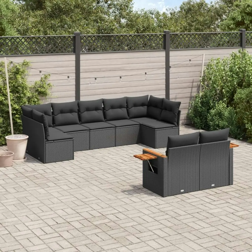 9 Piece Garden Sofa Set with Cushions Black Poly Rattan 3259528