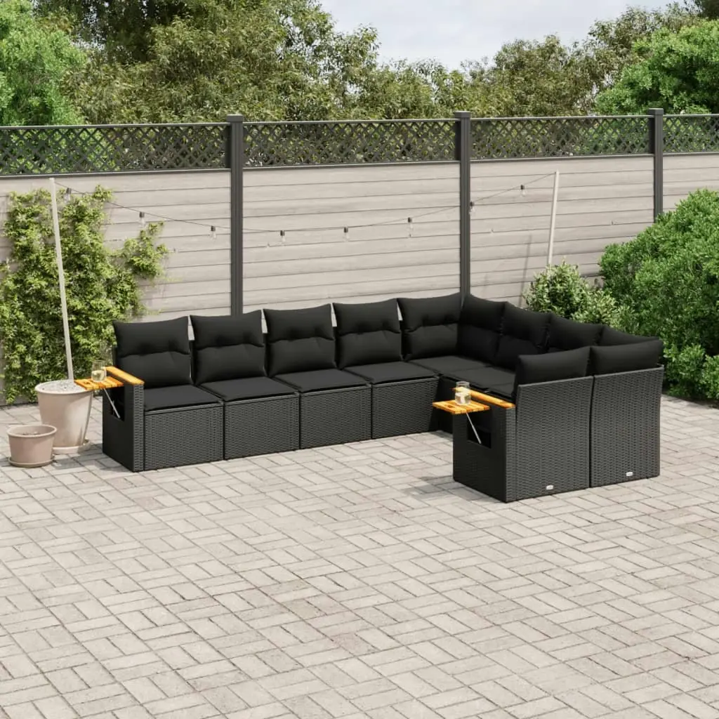 9 Piece Garden Sofa Set with Cushions Black Poly Rattan 3259542