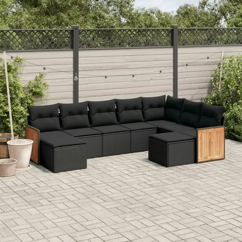 9 Piece Garden Sofa Set with Cushions Black Poly Rattan 3260620